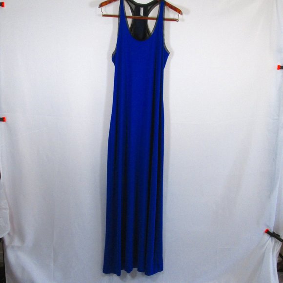 Fabletics Dresses & Skirts - FABLETICS Womens Blue Jersey Tank Maxi Dress Size L Black Mesh Accents P…